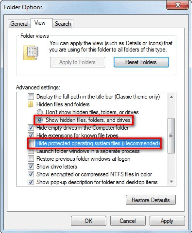 Show hidden files, folders and driver