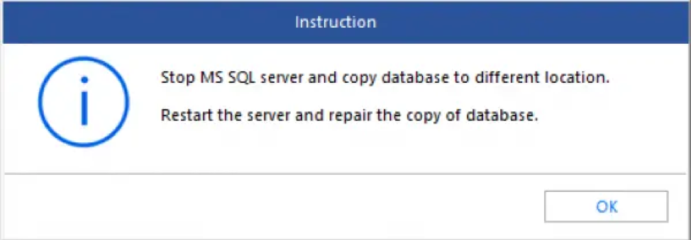 Stopping SQL server and restarting server to repair the copy of the database