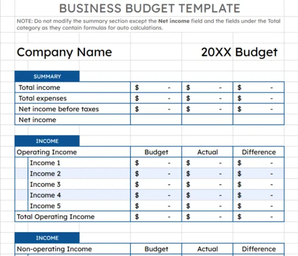 Business Google Sheets Budget Template
