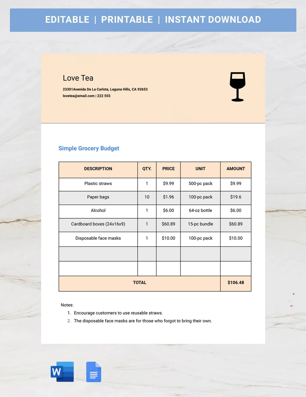 Free Simple Grocery Budget Template