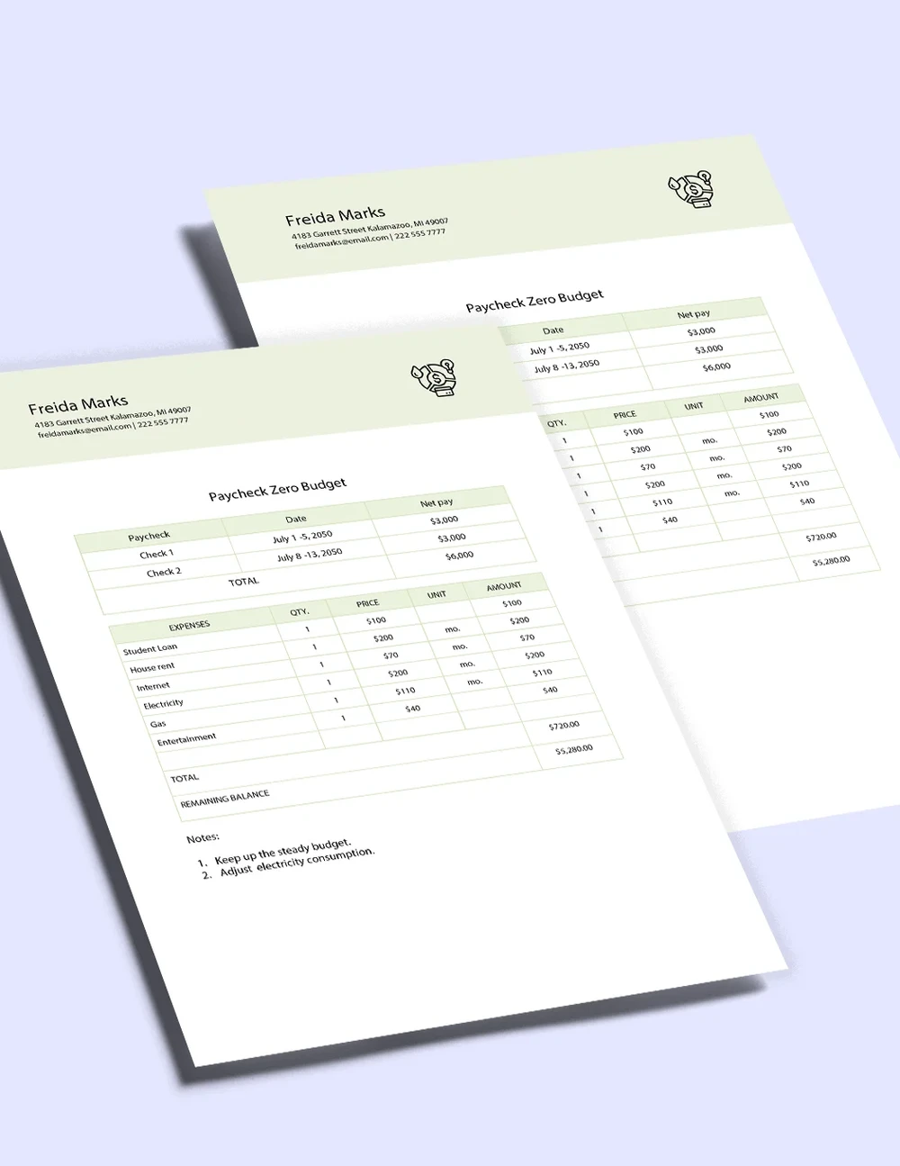 Paycheck Zero Budget Template