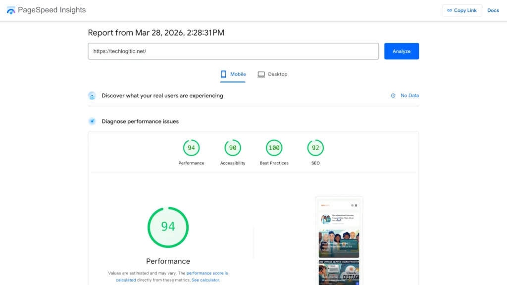 pagspeed insights of techlogitic
